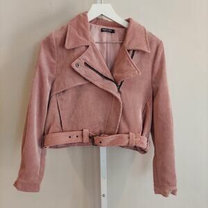 Nasty Gal Cropped Jacket Size Small Corduroy Pink Asymmetrical Moto
